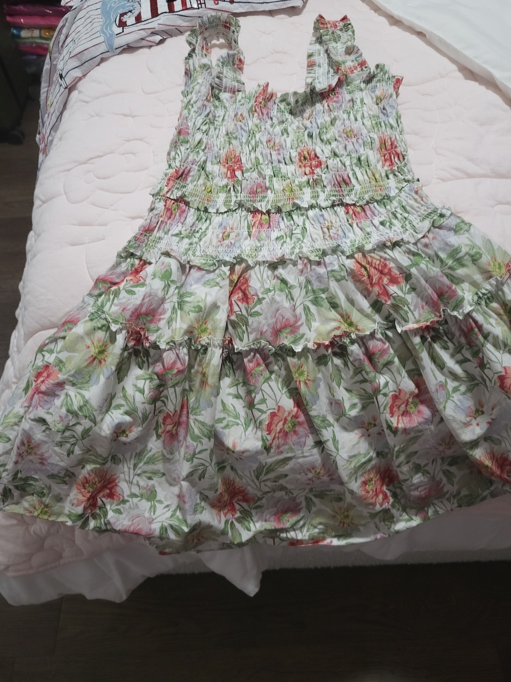 Hill House Floral Tiered Dress - White with Pink & Green